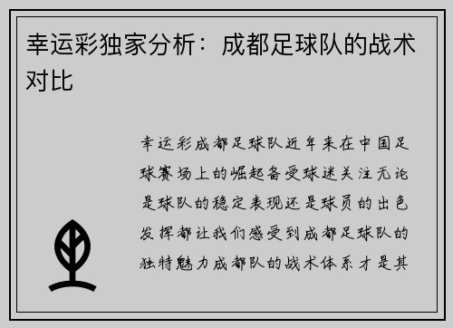 幸运彩独家分析：成都足球队的战术对比