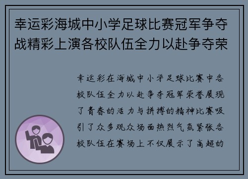 幸运彩海城中小学足球比赛冠军争夺战精彩上演各校队伍全力以赴争夺荣誉