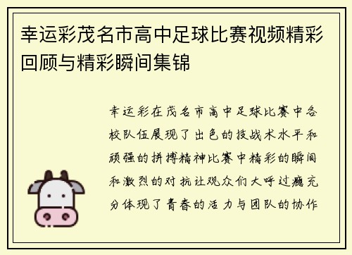 幸运彩茂名市高中足球比赛视频精彩回顾与精彩瞬间集锦